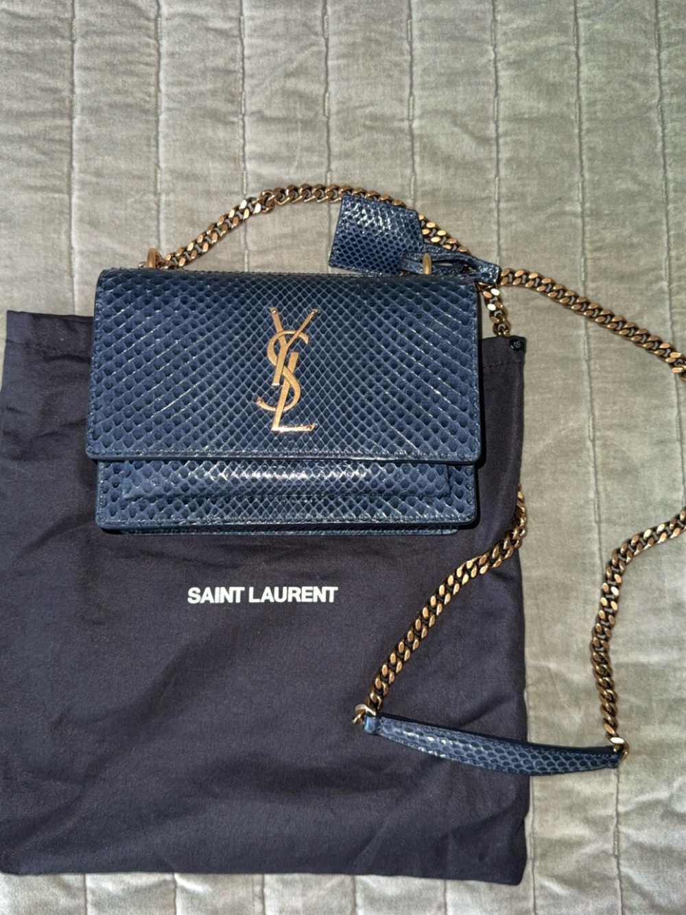 Saint Laurent Navy Textured Leather Crossbody with Gold Hardware